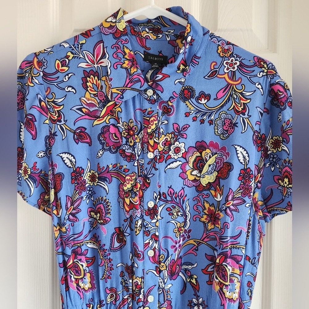 Talbots Floral Midi Shirt Dress 12 Button Front Tie Waist Fit Flare Cottagecore - Picture 4 of 12